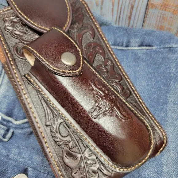 Longhorn Leather Phone Holstor With Knife Sheath & Belt Clip Sz LARGE 7x4